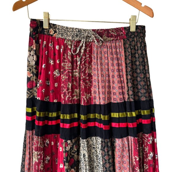 Sacred Threads Patchwork Ribbon Maxi Skirt One Size Elastic Waist Tie Lined Boho - Picture 12 of 16